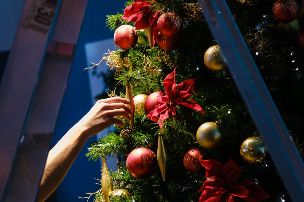 Christmas Tree Being Installed Into Business