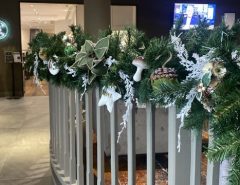 Interior Christmas decorations and Christmas tree inside corporate work environment