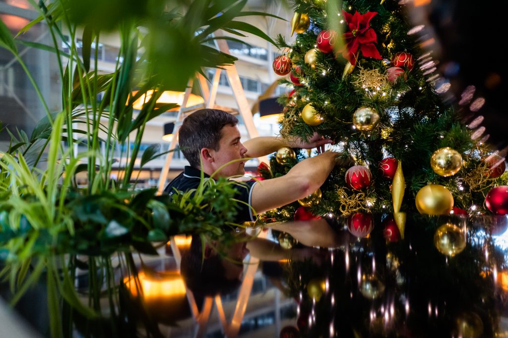 A Christmas tree being installed in a corporate environment by one of our Ambius technicians.